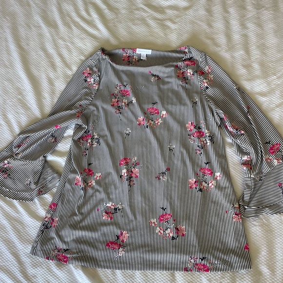 Charter Club Floral Striped Blouse with Red Floral Pattern And Bell Sleeves - Picture 4 of 11